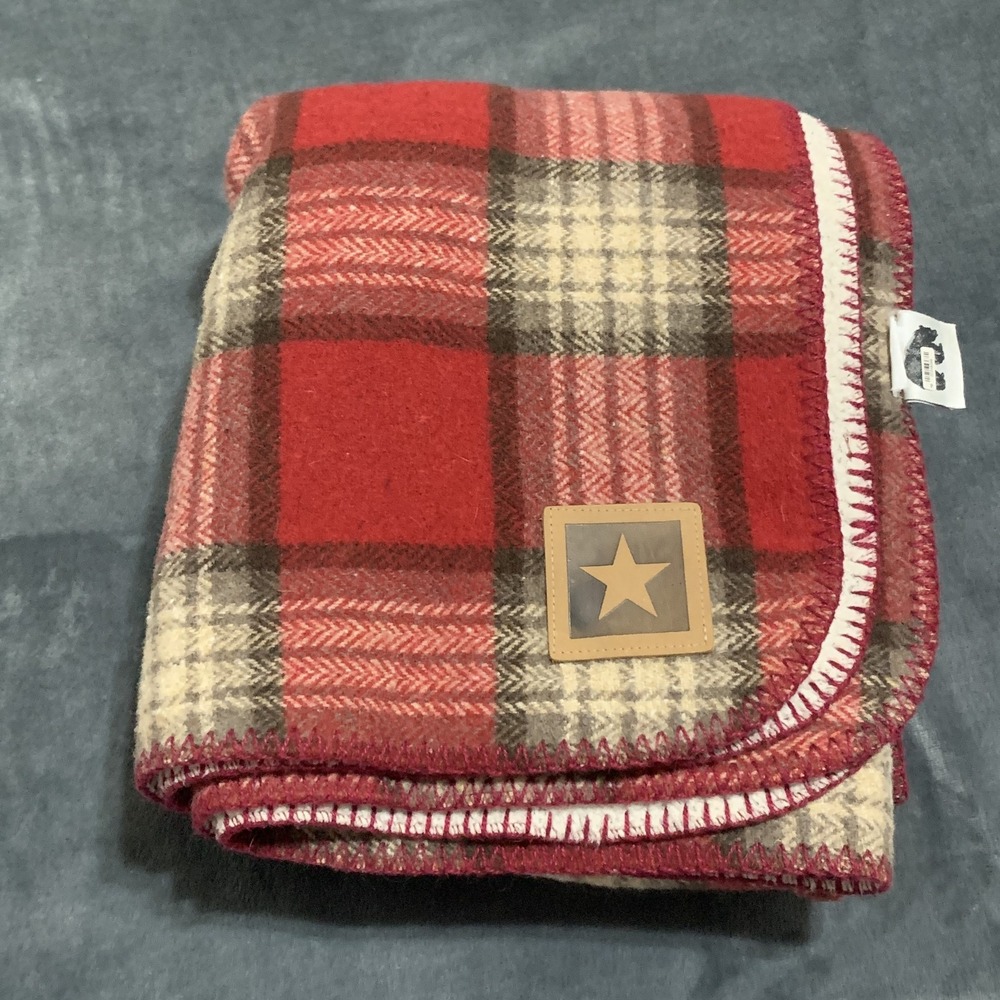 ABW Plaid Throw Blanket Sherpa Lined Red Beige Brown Star Patch USA Made Cozy
